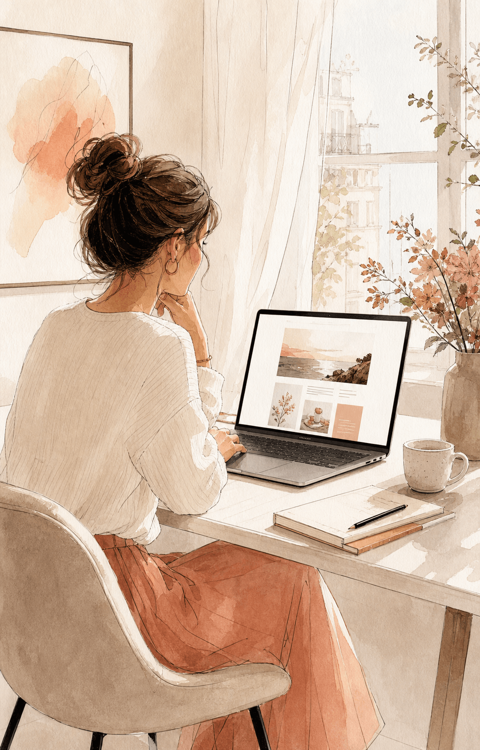 Illustration d’une femme consultant une newsletter sur son ordinateur dans une atmosphère douce et lumineuse