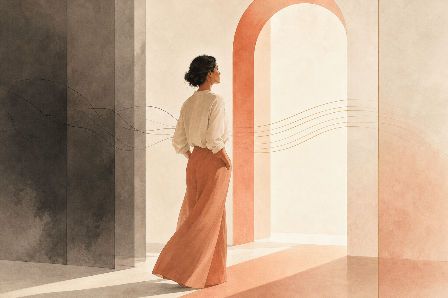 Une femme avance de la confusion vers une nouvelle perspective plus claire