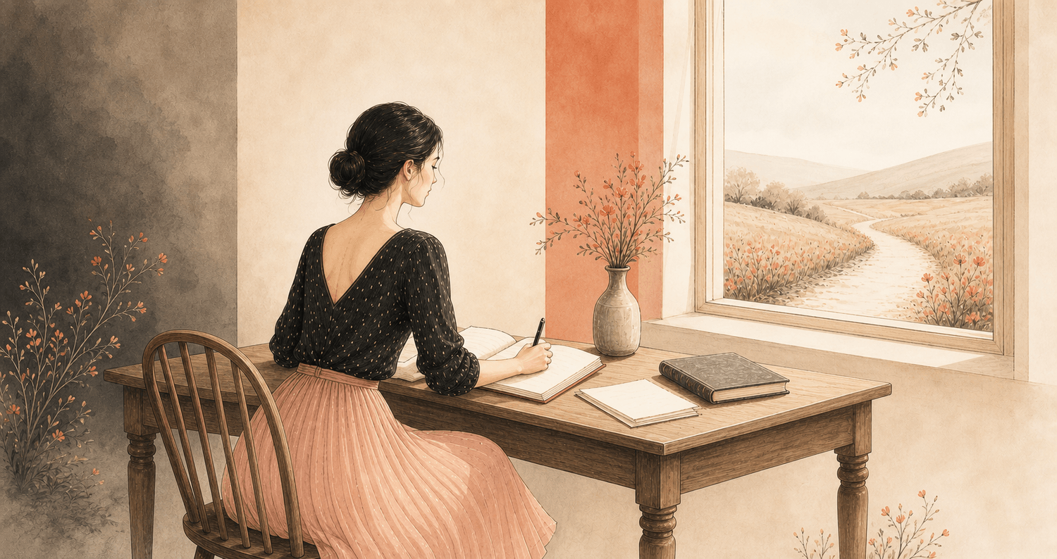 Illustration de Virginie Fratelli écrivant devant un chemin lumineux