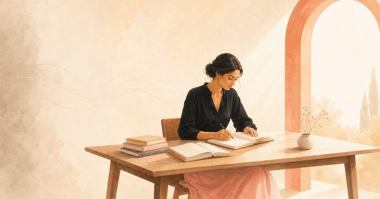 Virginie Fratelli écrivant dans un journal, entourée de livres