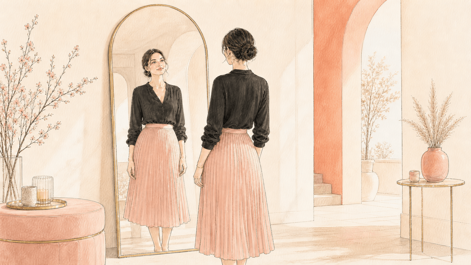 Illustration d’une femme en jupe rose se regardant avec sérénité dans un miroir, symbole de reconnexion à soi