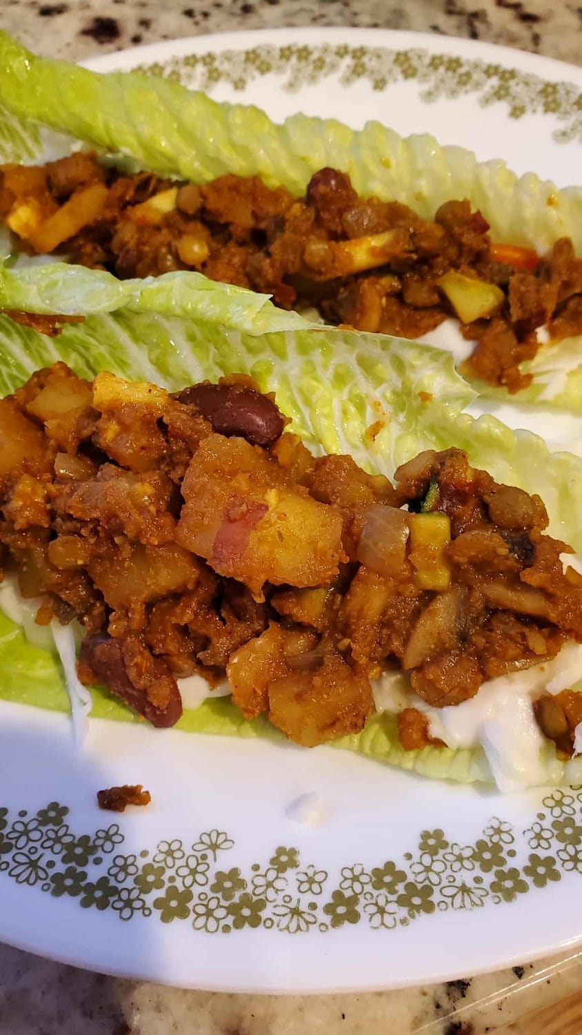 Vegan Low-Fat Healthy Lettuce Boats filled with seasoned beans, potatoes, onions, lentils, etc