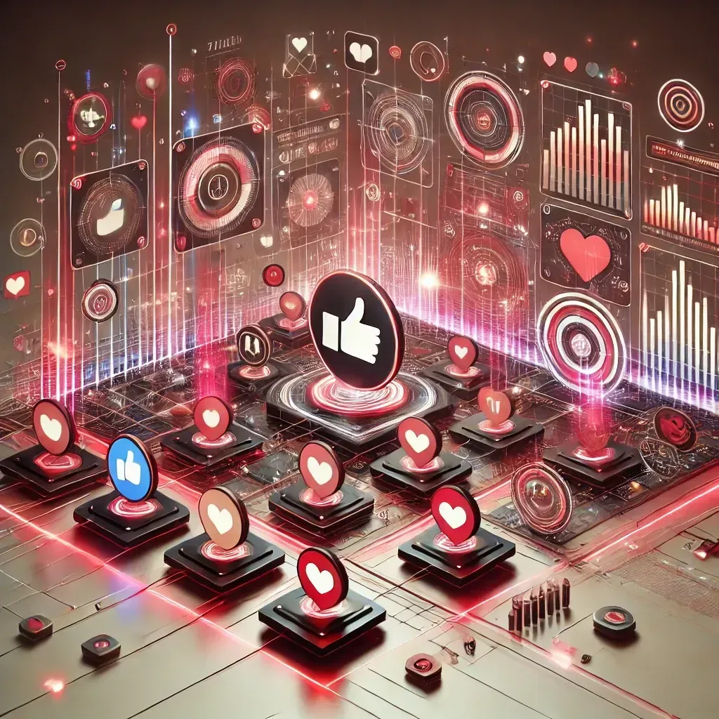 Futuristische digitale Social-Media-Szene mit schwebenden Like- und Herz-Symbolen, Datencharts und holografischen Grafiken in Rot- und Beigetönen – Darstellung von Reichweite, Interaktionen und Wachstum auf Social Media.