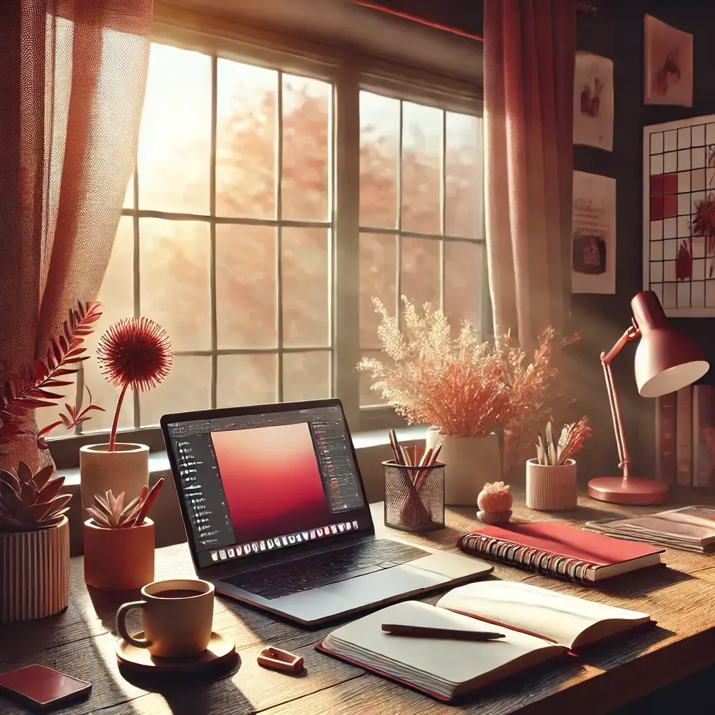 Gemütlicher und kreativer Arbeitsplatz am Fenster mit Laptop, Notizbuch, Kaffeetasse und Pflanzen – in warmen Beige- und Rottönen. Sonnenlicht fällt sanft durch die Vorhänge und taucht den Schreibtisch in eine inspirierende Atmosphäre.