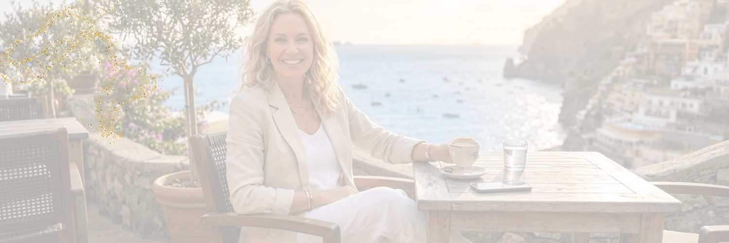 Blonde Frau Mitte 50 sitzt auf einer sonnigen Terrasse mit mediterranem Meerblick, hält eine Kaffeetasse, warmes goldenes Licht, entspannte selbstbewusste Ausstrahlung