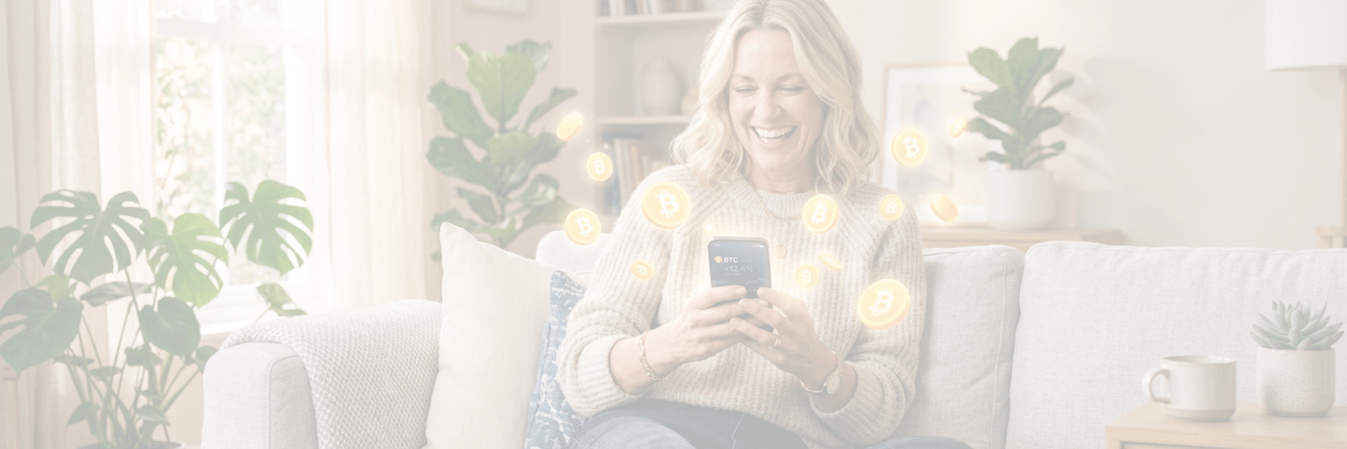 Frau entdeckt passives Einkommen durch Bitcoin Mining und freut sich über ihre ersten Erträge auf dem Smartphone.
