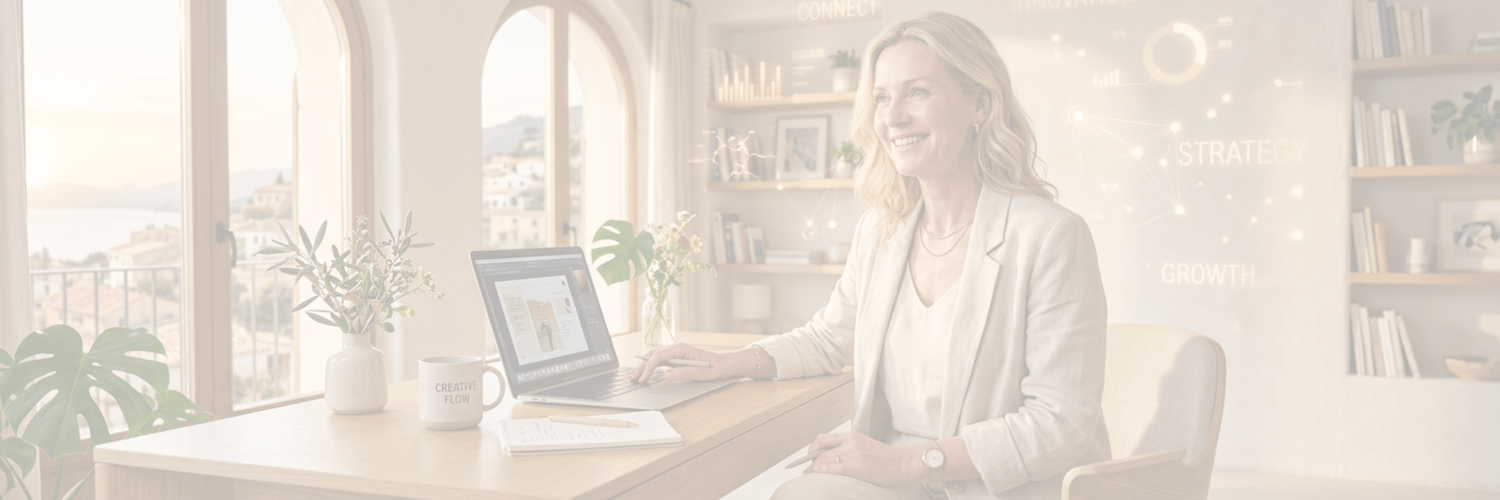 Blonde Frau Mitte 50 sitzt an einem modernen hellen Schreibtisch mit Laptop, warmes goldenes Licht, digitale Elemente im Hintergrund, entspannte und energiegeladene Atmosphäre
