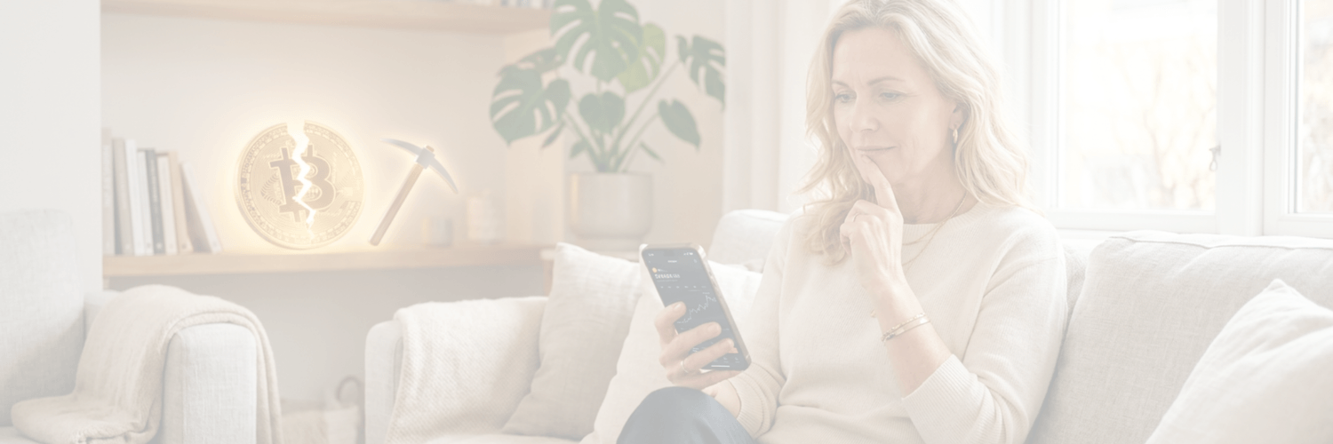 Blonde Frau Mitte 50 sitzt nachdenklich zu Hause, Hand ans Kinn gelegt, schaut fragend auf ihr Smartphone, goldenes Bitcoin-Symbol und Mining-Grafik im Hintergrund, helles freundliches Wohnzimmer