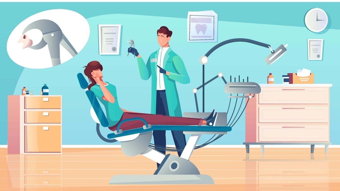 A man and woman sit together in a dentist chair, both appearing relaxed in a dental office setting.