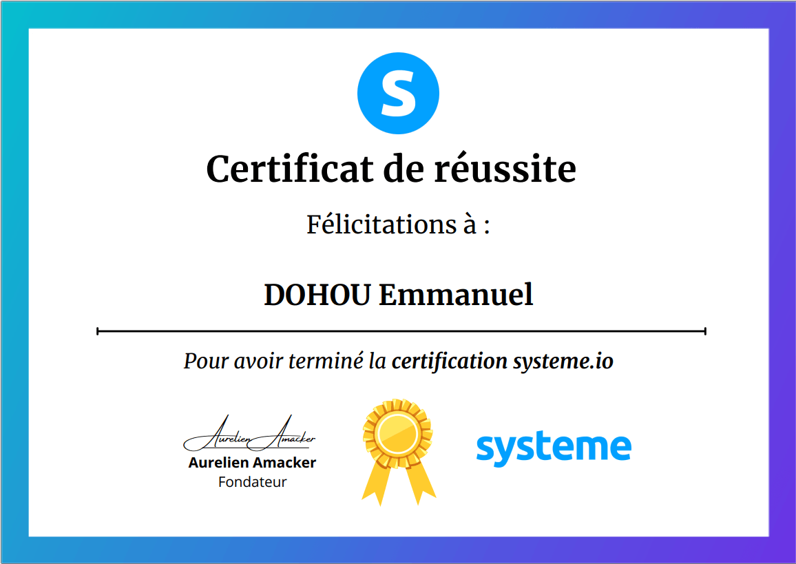 Certificat Systeme.io - DOHOU Emmanuel
