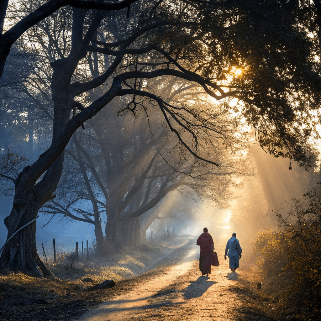 Image centrale de deux personnes marchant dans une forêt brumeuse
