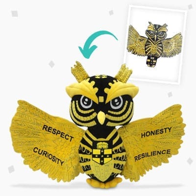Custom owl mascot plushie with school values.