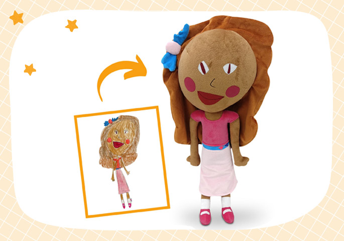 A custom plush doll made from a child’s drawing, capturing the charm and creativity of childhood art—perfectly crafted into a personalized toy.
