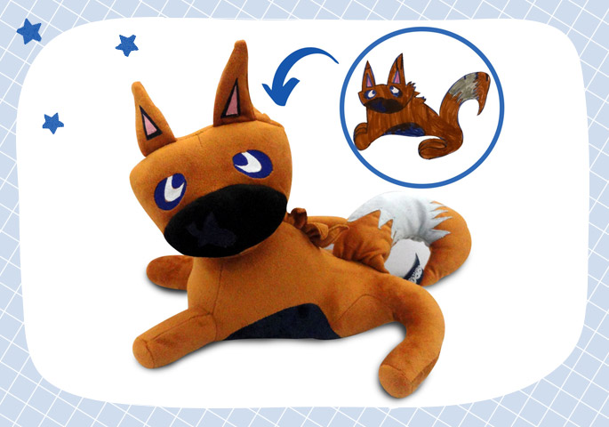 Custom plush fox toy crafted from a child’s drawing, bringing the playful imagination of childhood art to life with vibrant colors and unique design.
