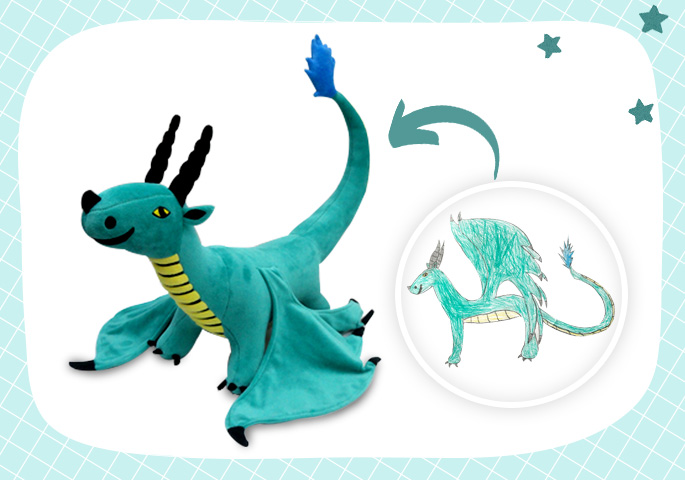 Custom plush dragon inspired by a child’s drawing, turning imagination into a cuddly, vibrant creation. A perfect example of childhood art transformed into a toy.