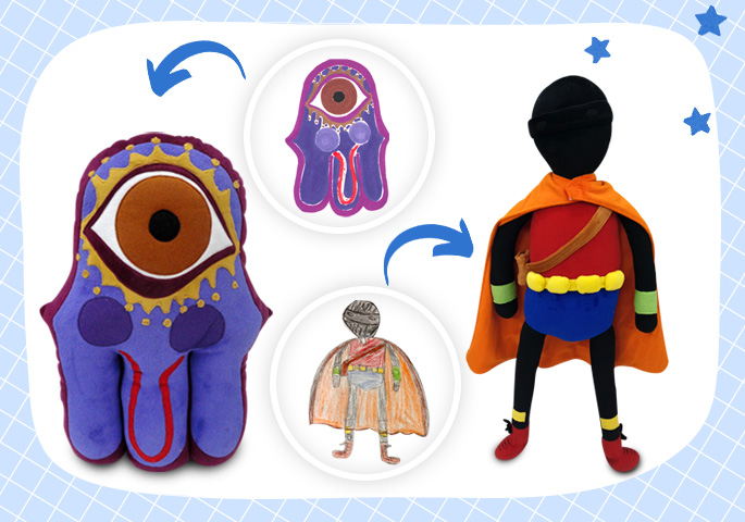A custom plush hero and a whimsical eye character, both inspired by kids' drawings—bringing vibrant childhood creations to life as one-of-a-kind plush toys.