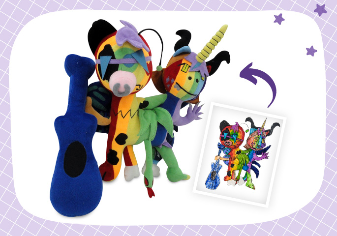 Custom plush toys inspired by a child’s colorful artwork, featuring musical characters brought to life with vibrant details and imaginative design.