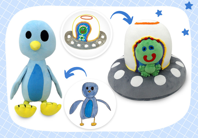 Custom plush bird and alien characters inspired by a child's drawing, turning playful artwork into huggable, colorful creations.
