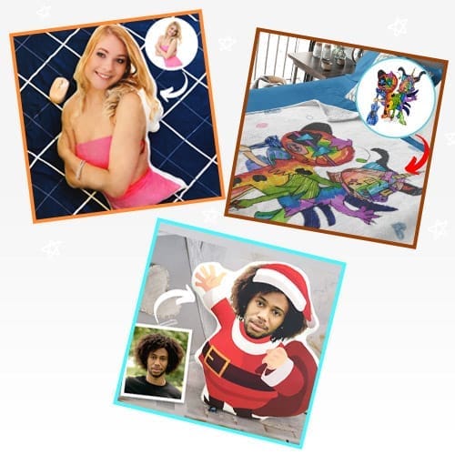 Personalized photo gifts including custom plush dolls, towels, and cutouts, showcasing Tedhug’s unique handcrafted keepsakes made from your photos and drawings.