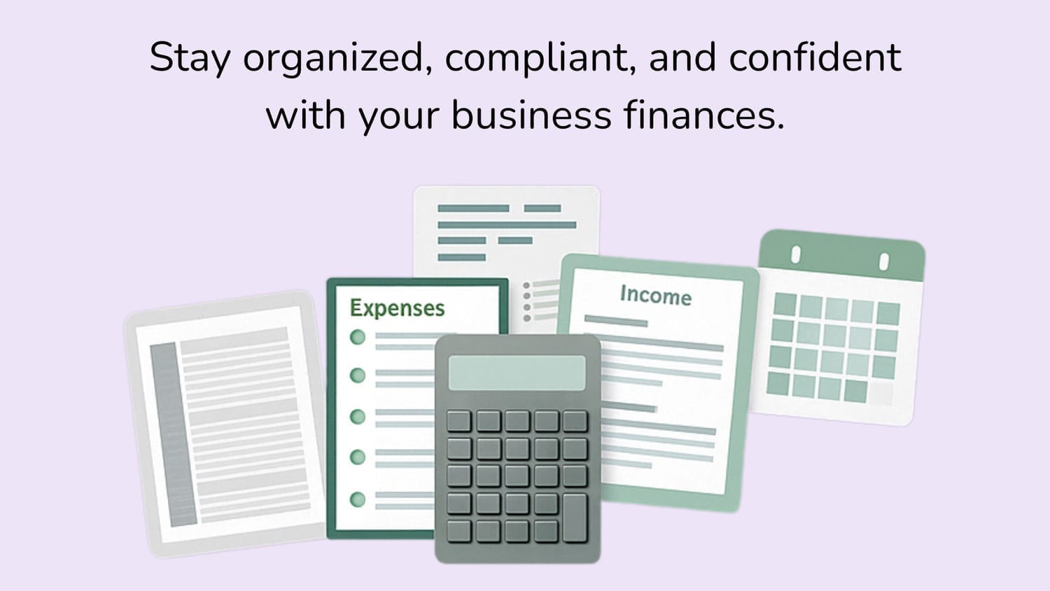 Flat lay illustration of small business financial documents, calculator, and question marks with title text on purple background