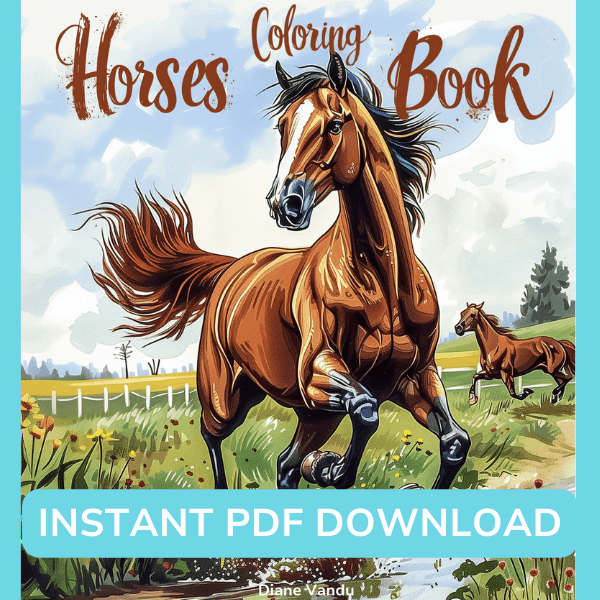 Horse coloring book promotion showing a galloping brown horse in a scenic meadow, with a preview grid of detailed grayscale horse illustrations and text describing the breeds