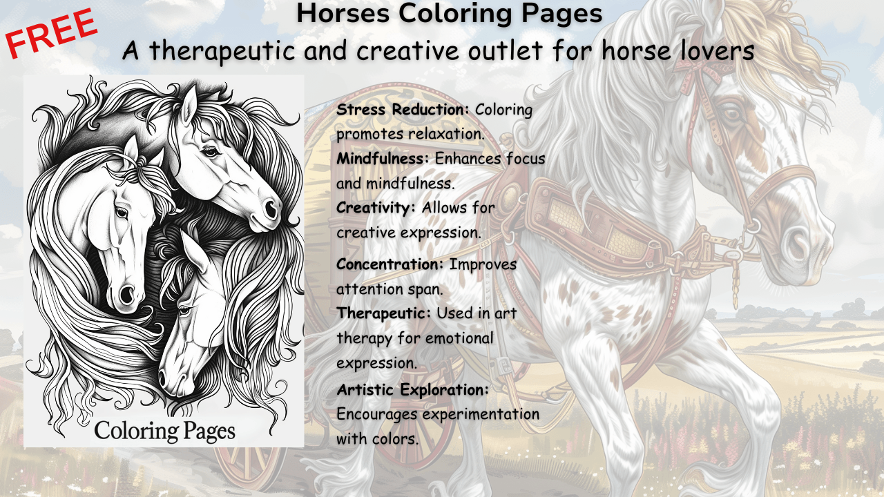 Horse coloring page promotional graphic with three detailed horse heads in black and white and a background image of a spotted horse with therapeutic benefits of coloring listed alongside.