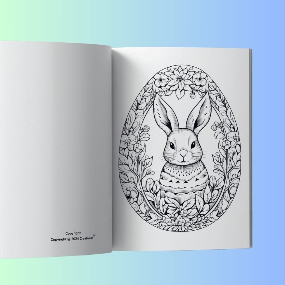 coloring book easter adults.jpg — Straight-on view of an open coloring book page featuring a bunny framed by flowers inside an ornate egg.