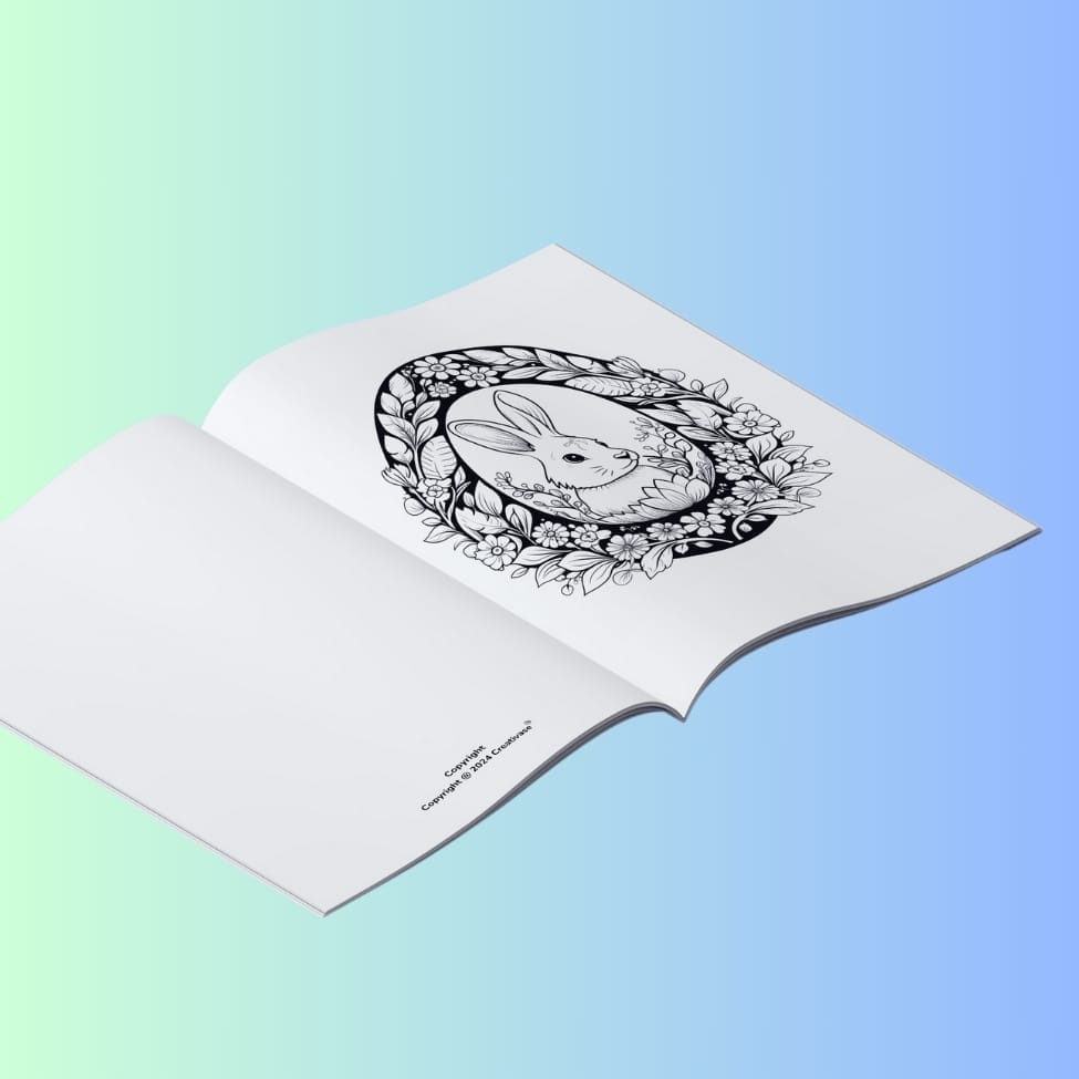 easter coloring books for kids.jpg — Open coloring book showing a bunny inside a floral egg design on a soft blue-green gradient background.