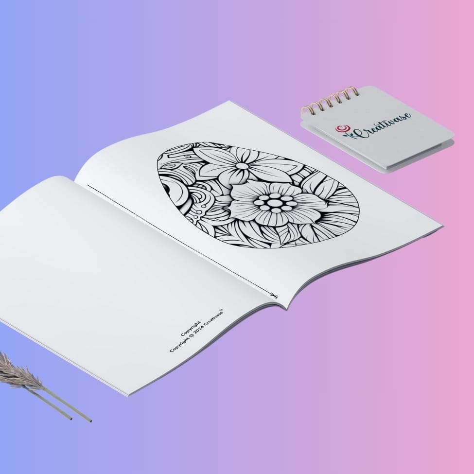 easter coloring for teens.jpg — Open coloring book with a detailed floral egg illustration beside a small notepad on a purple-pink gradient background.