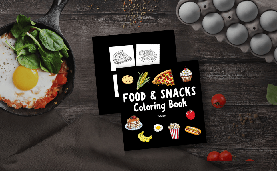 Food & Snacks coloring book cover with illustrated foods and small preview sketches, styled with a fried-egg skillet, egg carton, tomatoes, and spices.