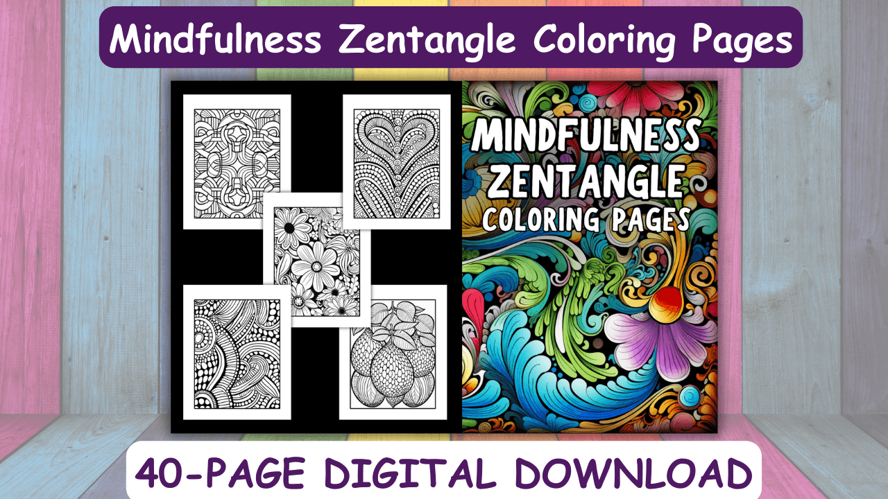 Wide banner for Mindfulness Zentangle coloring pages with five sample designs on black and a vivid abstract cover, captioned 40-page digital download.