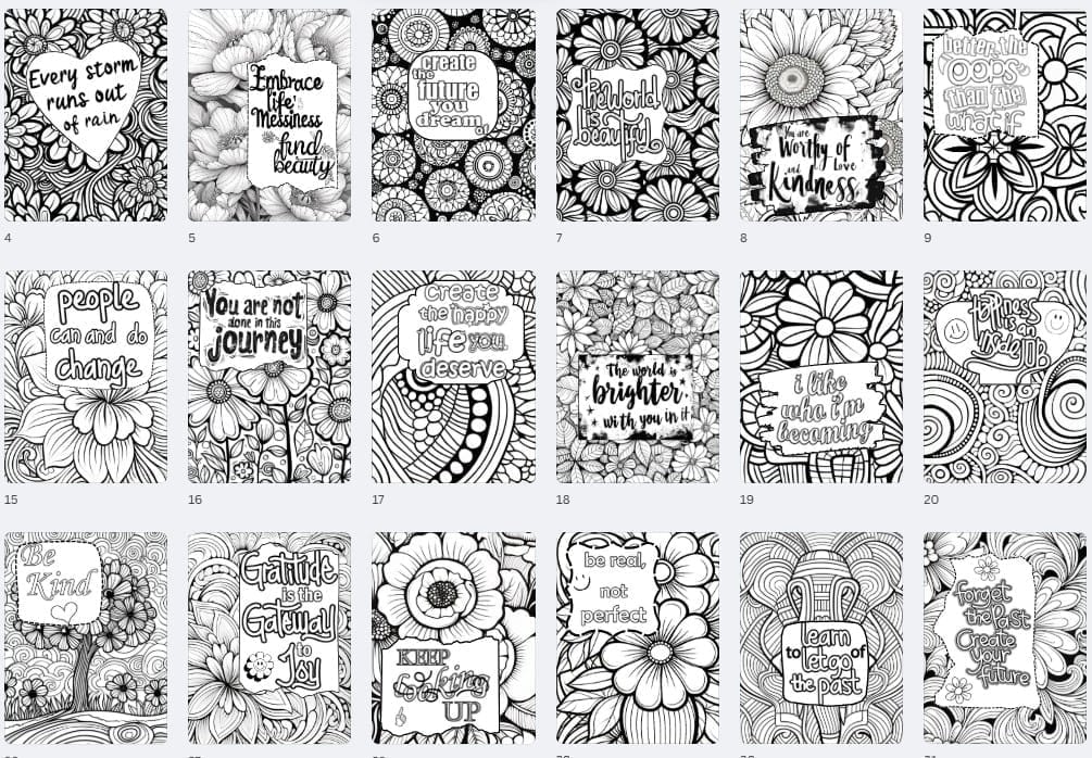 Open Positive Quote Coloring Book featuring uplifting motivational designs surrounded by colorful flowers. Printable coloring book for stress relief and self-care.