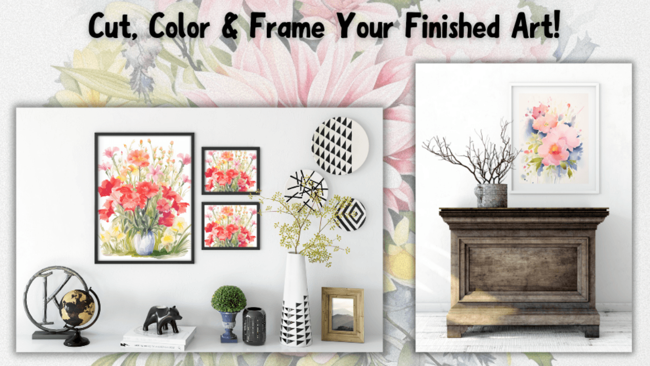 Reverse Coloring Book for Adults Flowers featuring cut, color, and frame ideas with floral watercolor pages displayed in elegant home decor settings. Printable art for stress relief and creative fun.