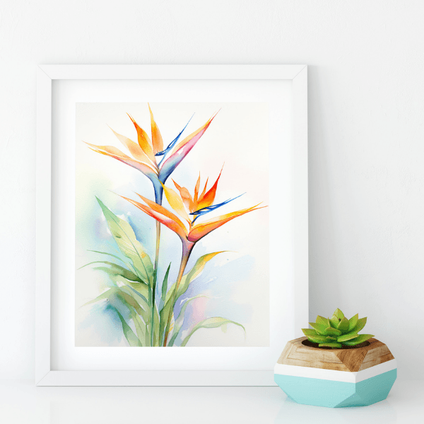 Bird of paradise watercolor floral art from the Reverse Coloring Book for Adults Flowers. Vibrant printable design for creative reverse coloring and home decoration.