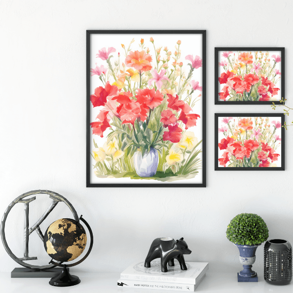Watercolor flower wall art from the Reverse Coloring Book for Adults Flowers displayed in modern home decor frames. Printable floral artwork created for relaxation and mindfulness.