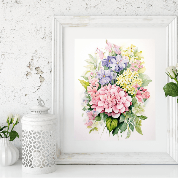 Printable watercolor floral artwork from the Reverse Coloring Book for Adults Flowers featuring pink and purple blossoms in a decorative frame. Relaxing creative coloring activity for adults.