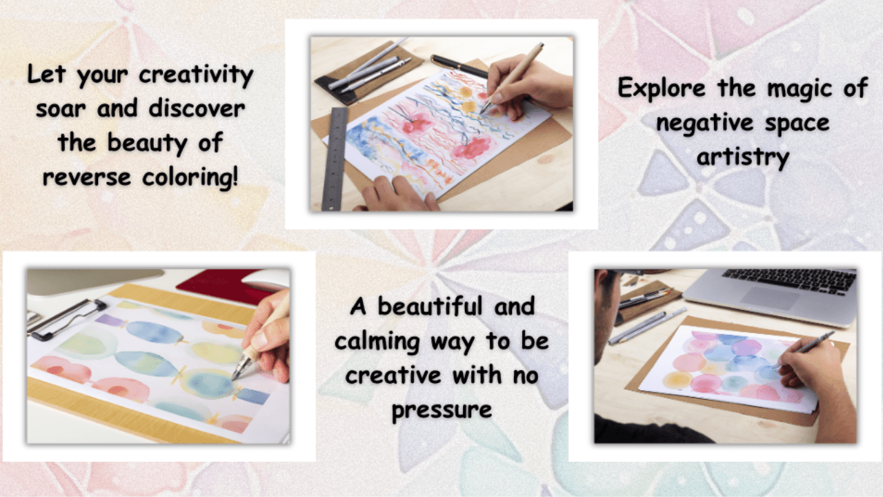 Adults drawing on abstract watercolor pages from the Reverse Coloring Book for Adults. Creative mindfulness activity using pens and pencils for relaxation.