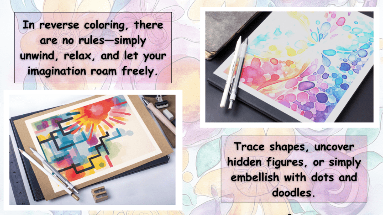Reverse Coloring Book for Adults featuring watercolor abstract art pages. Users tracing and doodling for creativity, stress relief, and mindfulness.