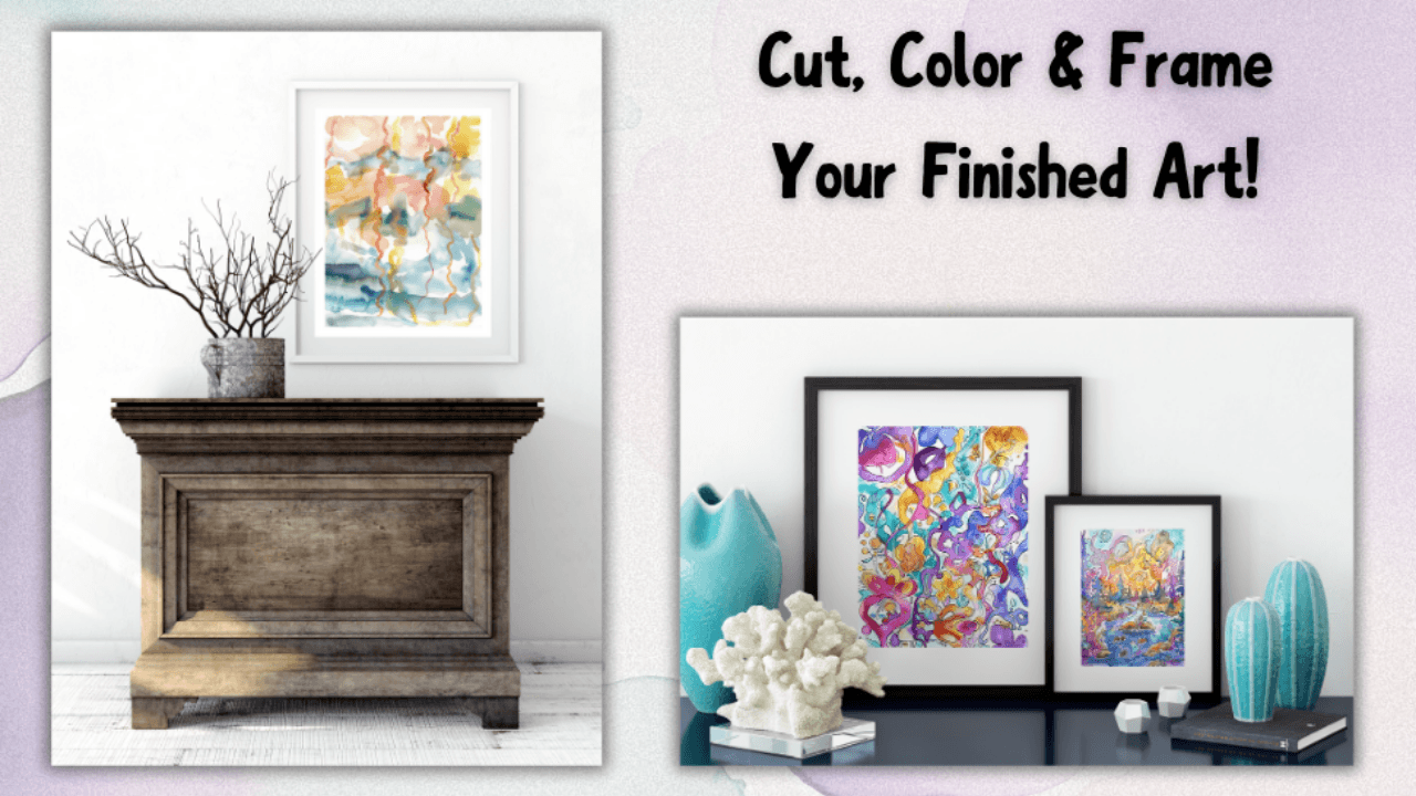 Reverse Coloring Book for Adults framed art display showing colorful watercolor pages. Printable art for relaxation, creativity, and home decor.