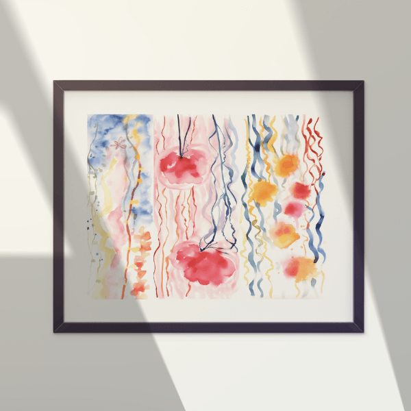 Abstract watercolor artwork from the Reverse Coloring Book for Adults displayed in a black frame. Printable reverse coloring page featuring colorful flowing lines and shapes for creative relaxation.