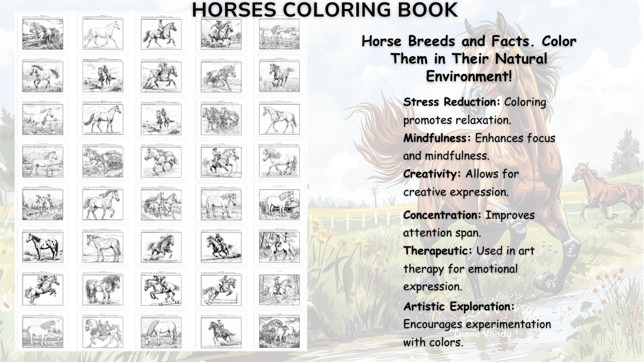 Collection of horse coloring pages with various breeds and riders in natural settings, promoting creativity, mindfulness, and relaxation.