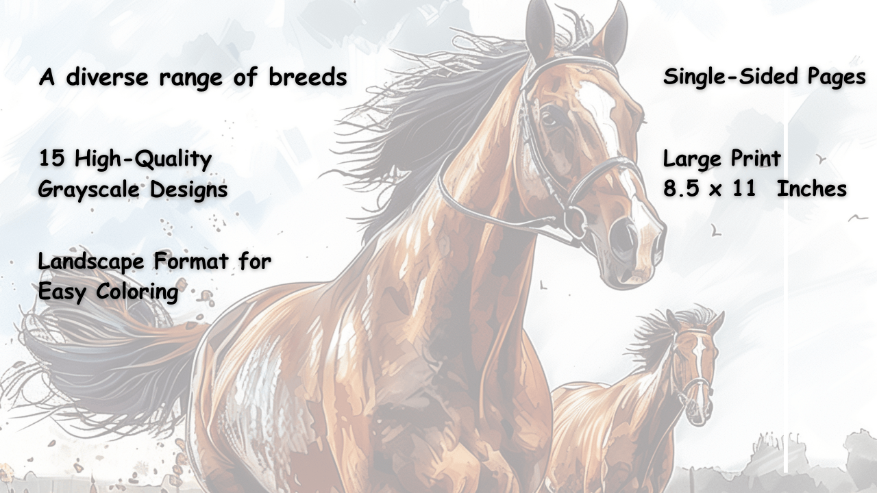 Grayscale illustration of galloping horses highlighting large print, single-sided coloring pages in landscape format for easy coloring.