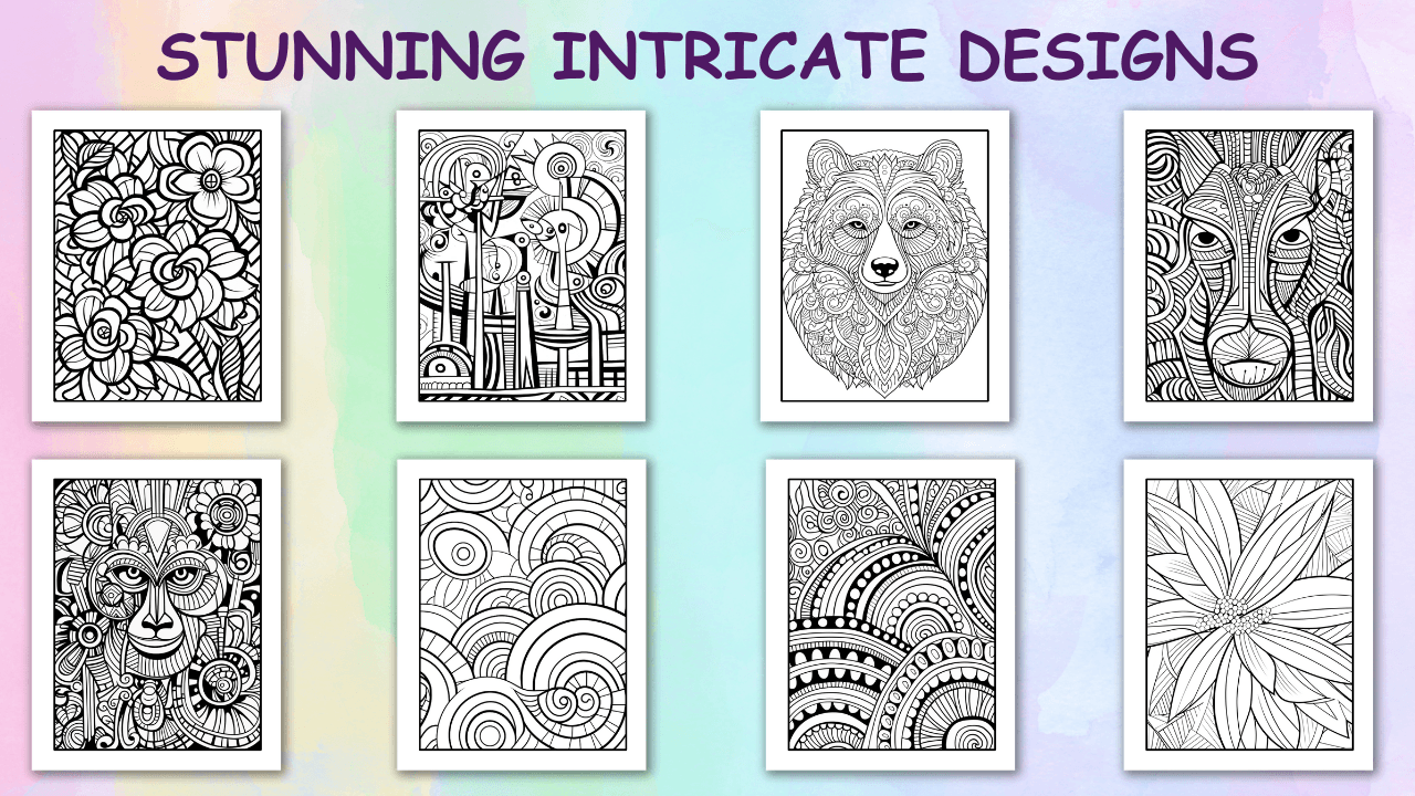 Collection of intricate Zentangle-style coloring pages featuring floral, geometric, and animal designs with the title “Stunning Intricate Designs” on a pastel background.