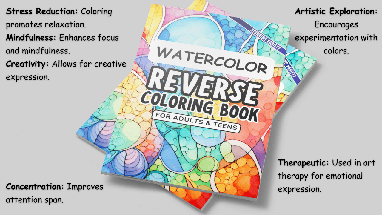 Stacked Watercolor Reverse Coloring Books with colorful bubble-style designs and text describing stress reduction, mindfulness, creativity, concentration, and therapeutic expression.