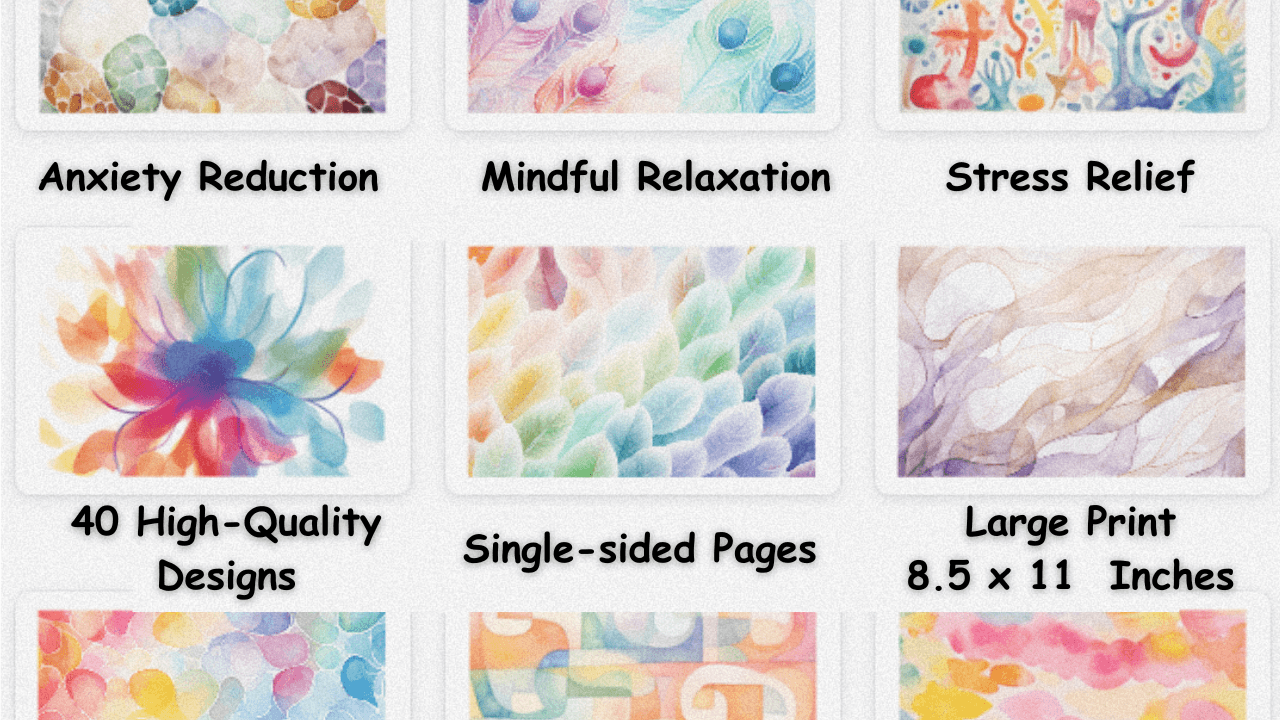 Abstract watercolor reverse coloring pages with soft pastel hues and organic patterns, labeled for anxiety reduction, mindful relaxation, stress relief, and large print single-sided 8.5x11 designs.