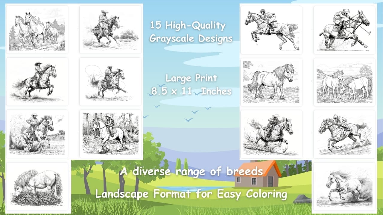 Collection of detailed grayscale horse illustrations featuring different breeds and scenes, showcasing cowboys, riders, and horses in action with large print 8.5 x 11 pages for easy coloring.