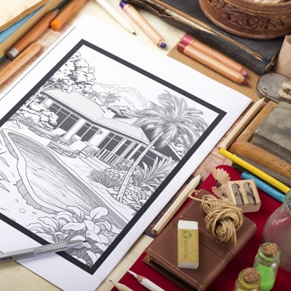 Grayscale coloring page of a home with porch and pool surrounded by plants and palm trees, printed on 8.5x11 sheet with pencils nearby.