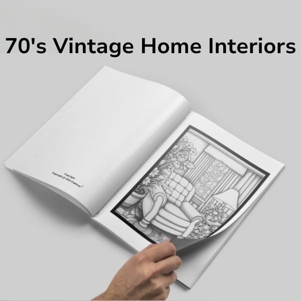 Open grayscale coloring book showing a vintage living room with armchair, curtains, plants, and side lamp; 70’s home interiors style.