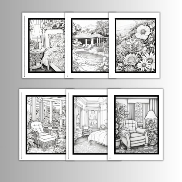 Collage of six grayscale coloring pages: bedroom, pool house, floral garden, sunroom lounge, classic bedroom, and comfy armchair scene.