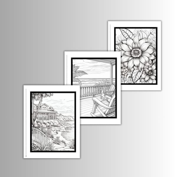 Three grayscale coloring pages: coastal house by the water, porch with rocking chair and ocean view, and detailed flower close-up.